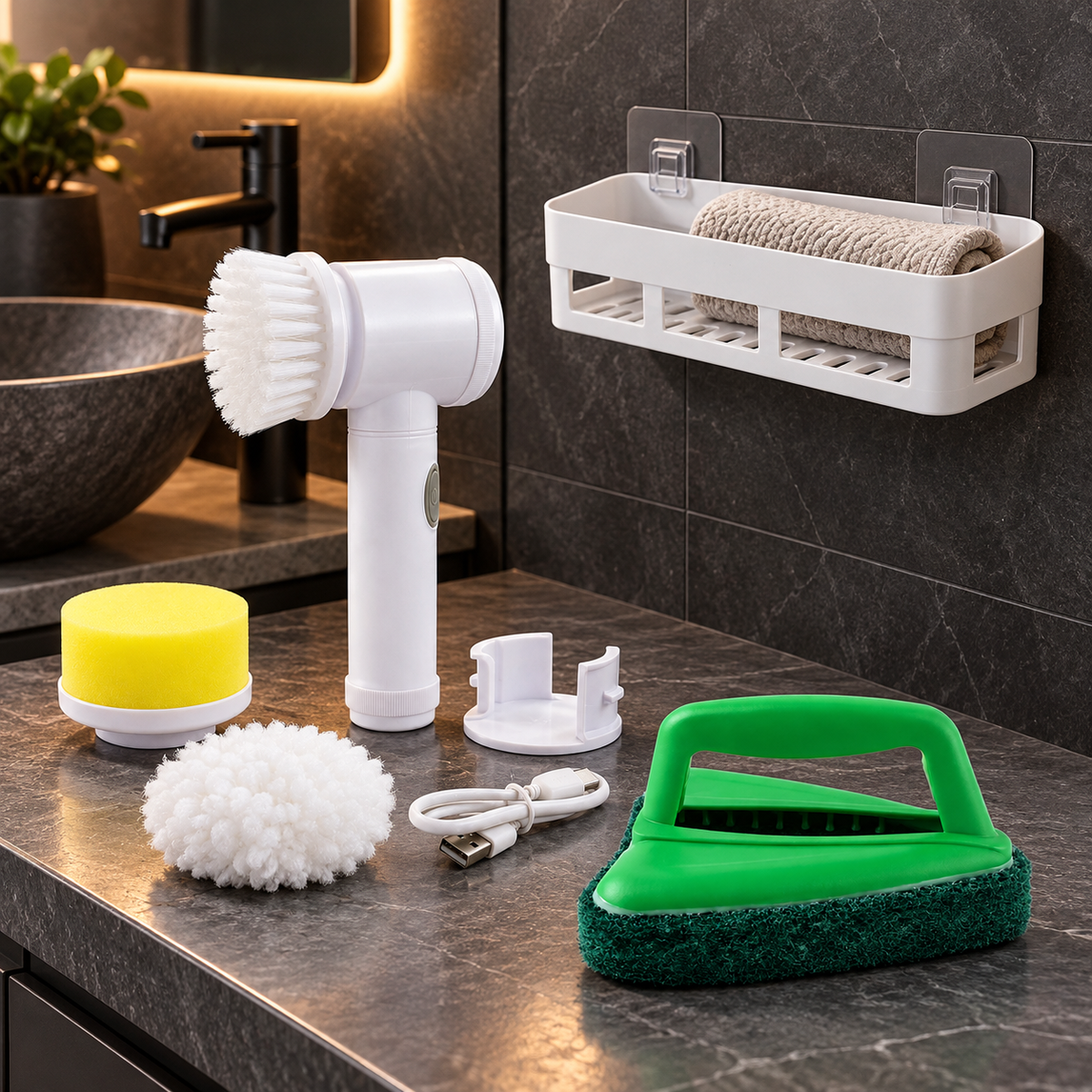 White electric brush, green scrub brush, yellow sponge, and white shelf on a dark gray bathroom counter.