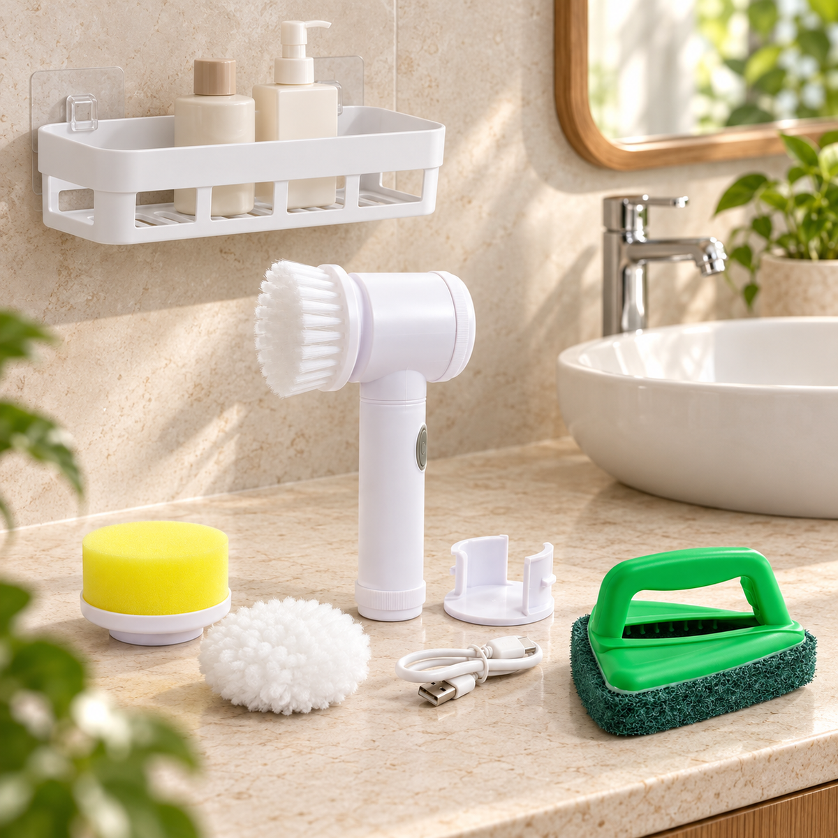 White electric scrubber, green handled brush, yellow sponge, and white shelf on a beige bathroom counter.