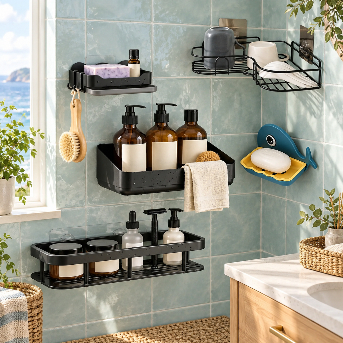 5-in-1 Bathroom Wall Organiser Combo – Storage Shelves, Wire Rack & Whale Soap Holder