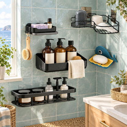 5-in-1 Bathroom Wall Organiser Combo – Storage Shelves, Wire Rack & Whale Soap Holder