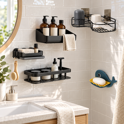 5-in-1 Bathroom Wall Organiser Combo – Storage Shelves, Wire Rack & Whale Soap Holder