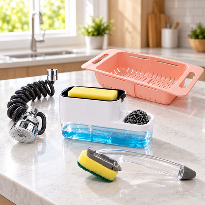 Kitchen Sink Utility Combo – Flexible Faucet Sprayer, Drain Basket, Soap Caddy & Dish Brush