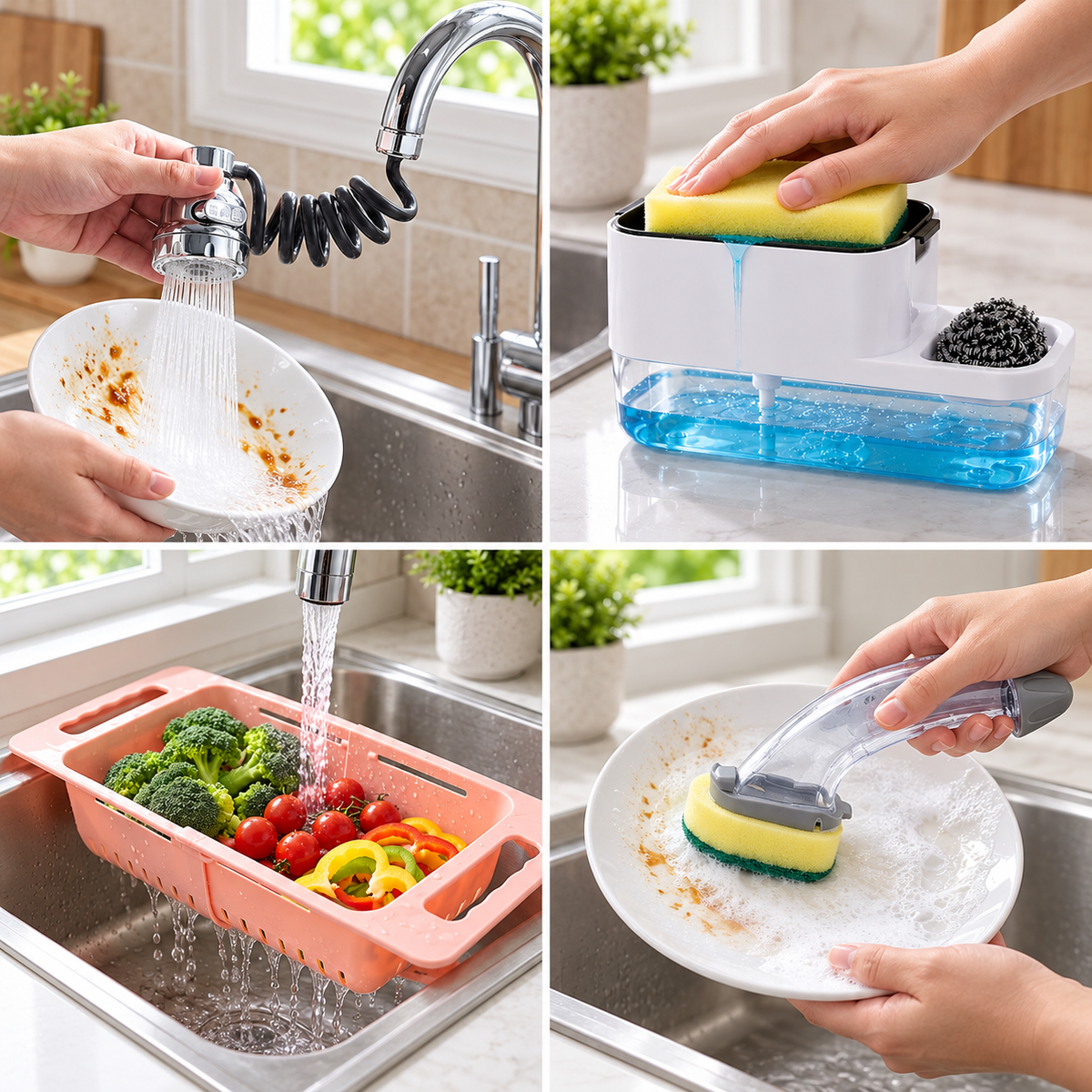 Kitchen Sink Utility Combo – Flexible Faucet Sprayer, Drain Basket, Soap Caddy & Dish Brush