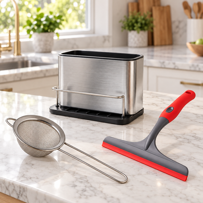 Kitchen Cleaning & Organisation Combo – Sink Caddy, Fine Mesh Strainer & Countertop Wiper