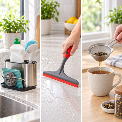 Kitchen Cleaning & Organisation Combo – Sink Caddy, Fine Mesh Strainer & Countertop Wiper