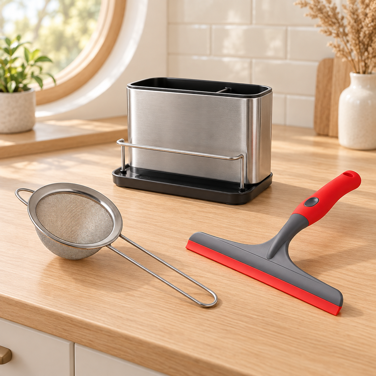 Kitchen Cleaning & Organisation Combo – Sink Caddy, Fine Mesh Strainer & Countertop Wiper
