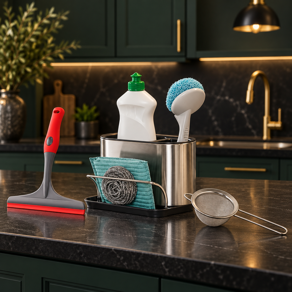 Kitchen Cleaning & Organisation Combo – Sink Caddy, Fine Mesh Strainer & Countertop Wiper