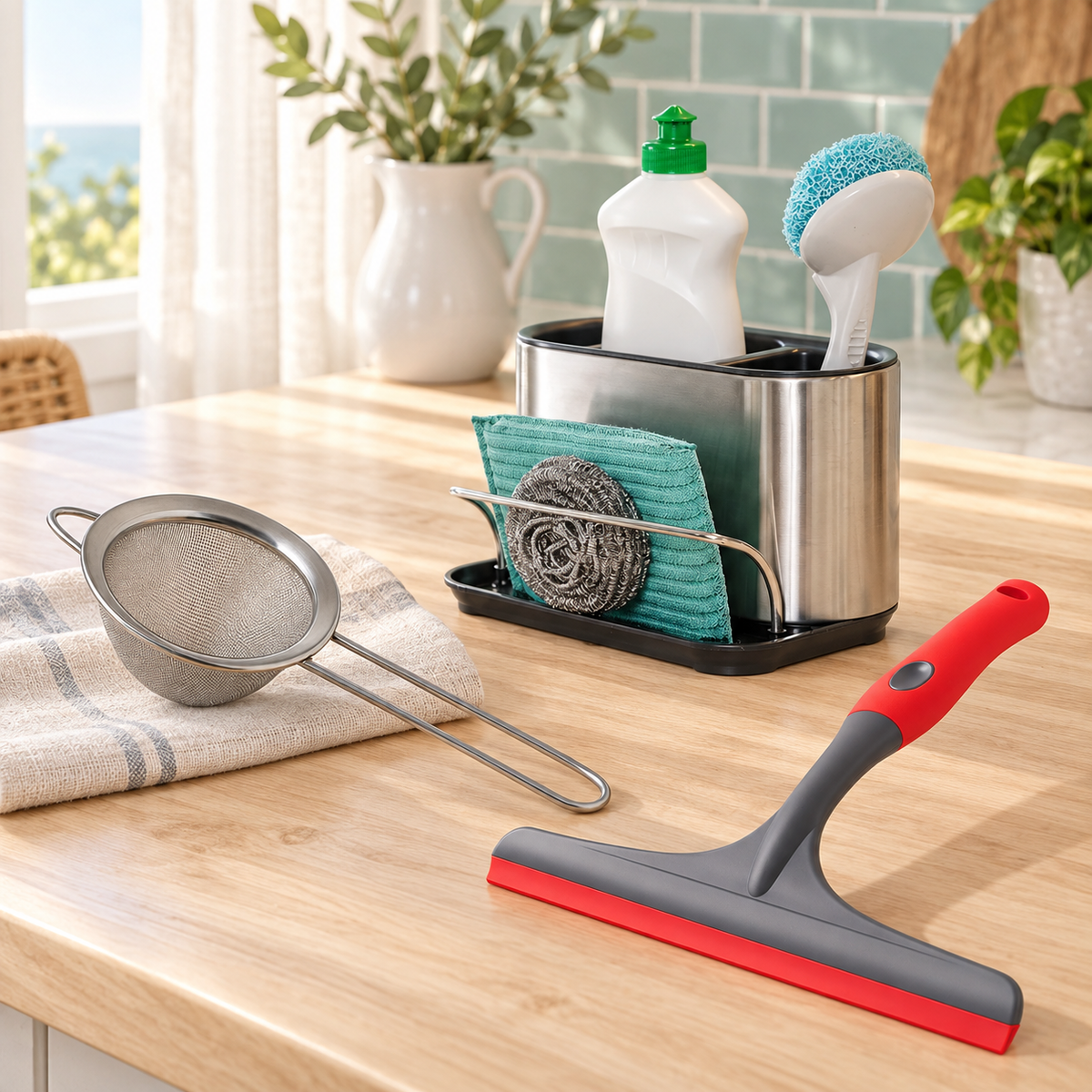 Kitchen Cleaning & Organisation Combo – Sink Caddy, Fine Mesh Strainer & Countertop Wiper