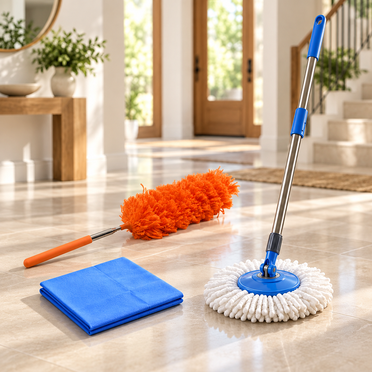 3-in-1 Home Cleaning Combo – Round Microfiber Mop, Extendable Duster & Cleaning Cloth
