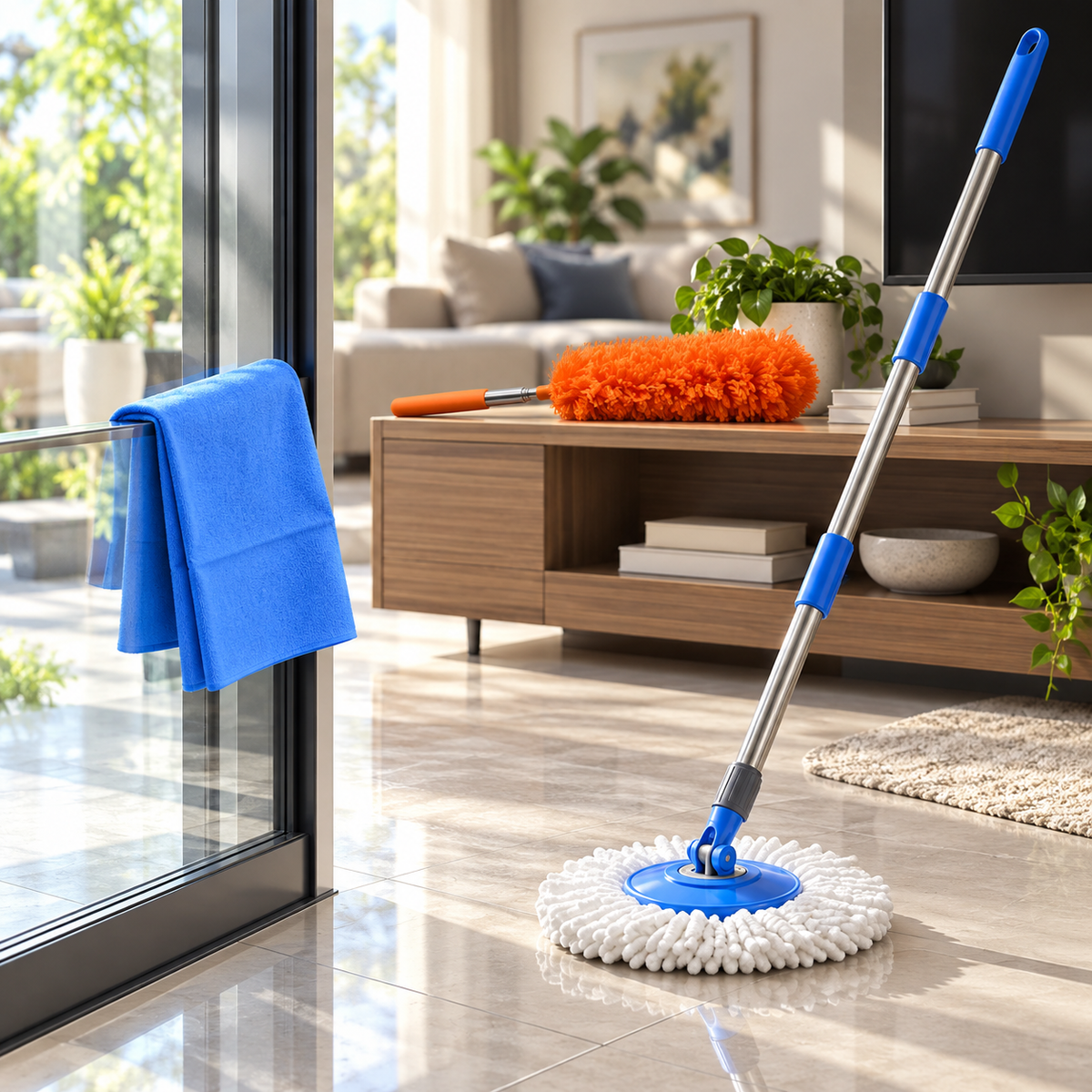 3-in-1 Home Cleaning Combo – Round Microfiber Mop, Extendable Duster & Cleaning Cloth