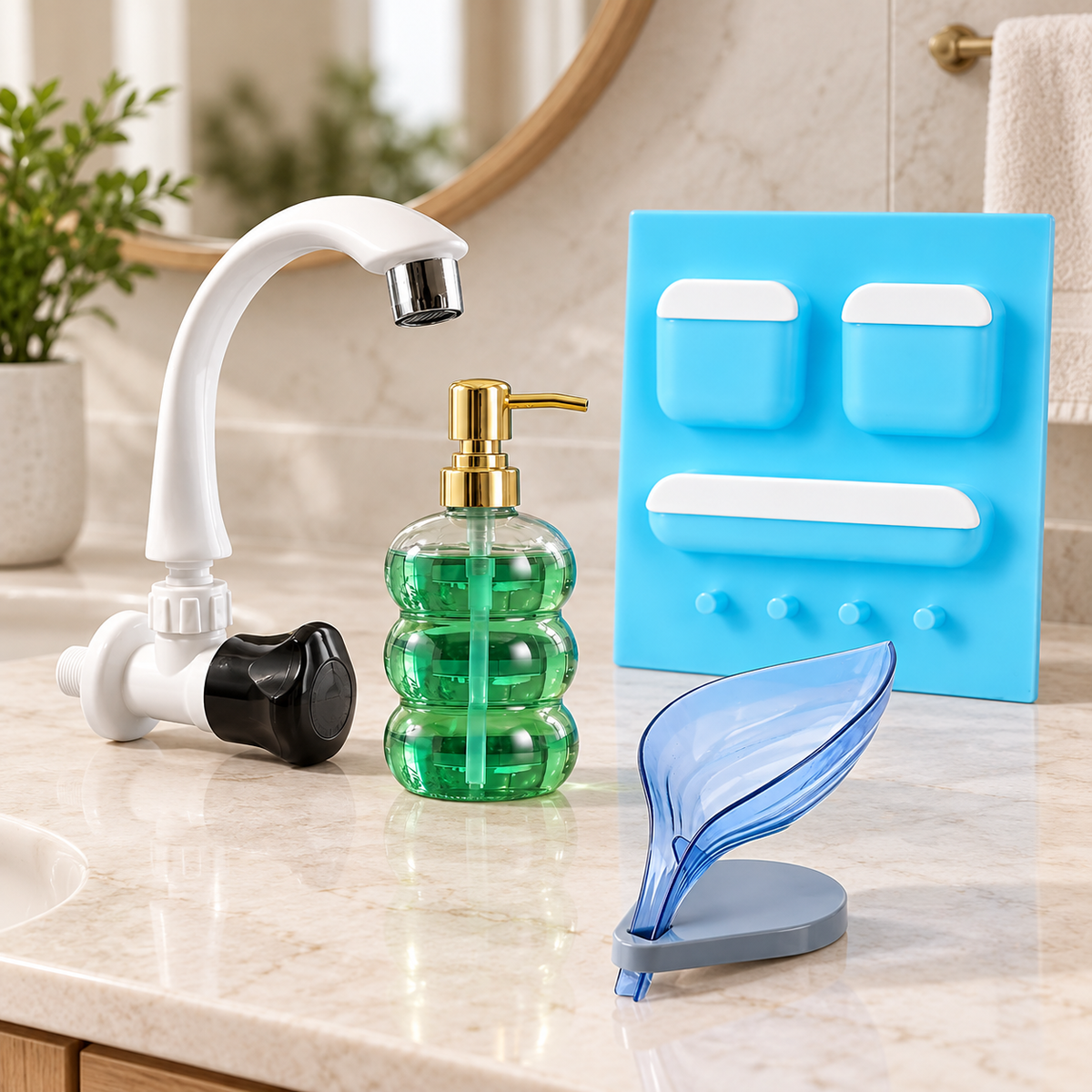 Complete Bathroom Essentials Combo – Flexible Tap, Soap Dispenser & Wall Organiser