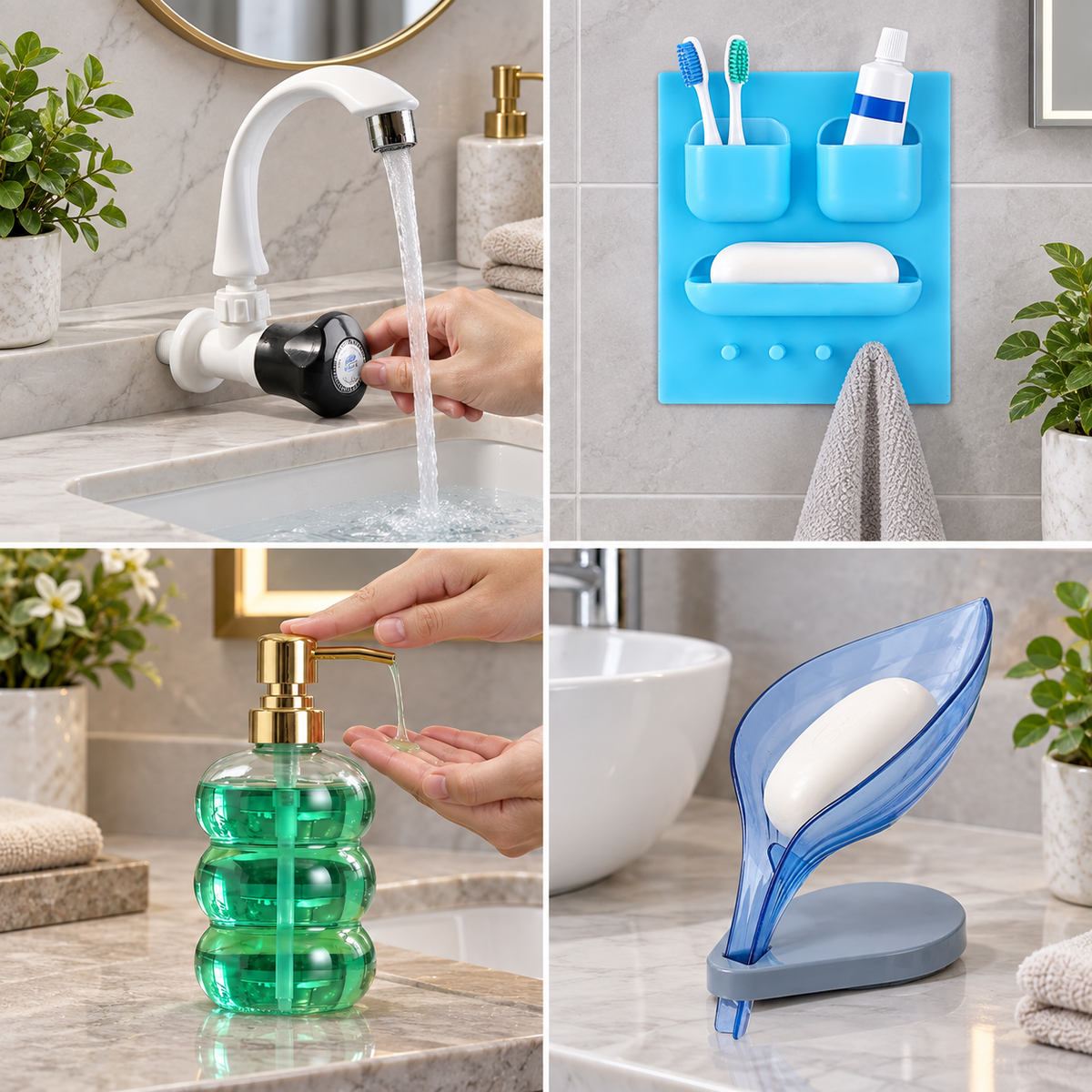 Complete Bathroom Essentials Combo – Flexible Tap, Soap Dispenser & Wall Organiser