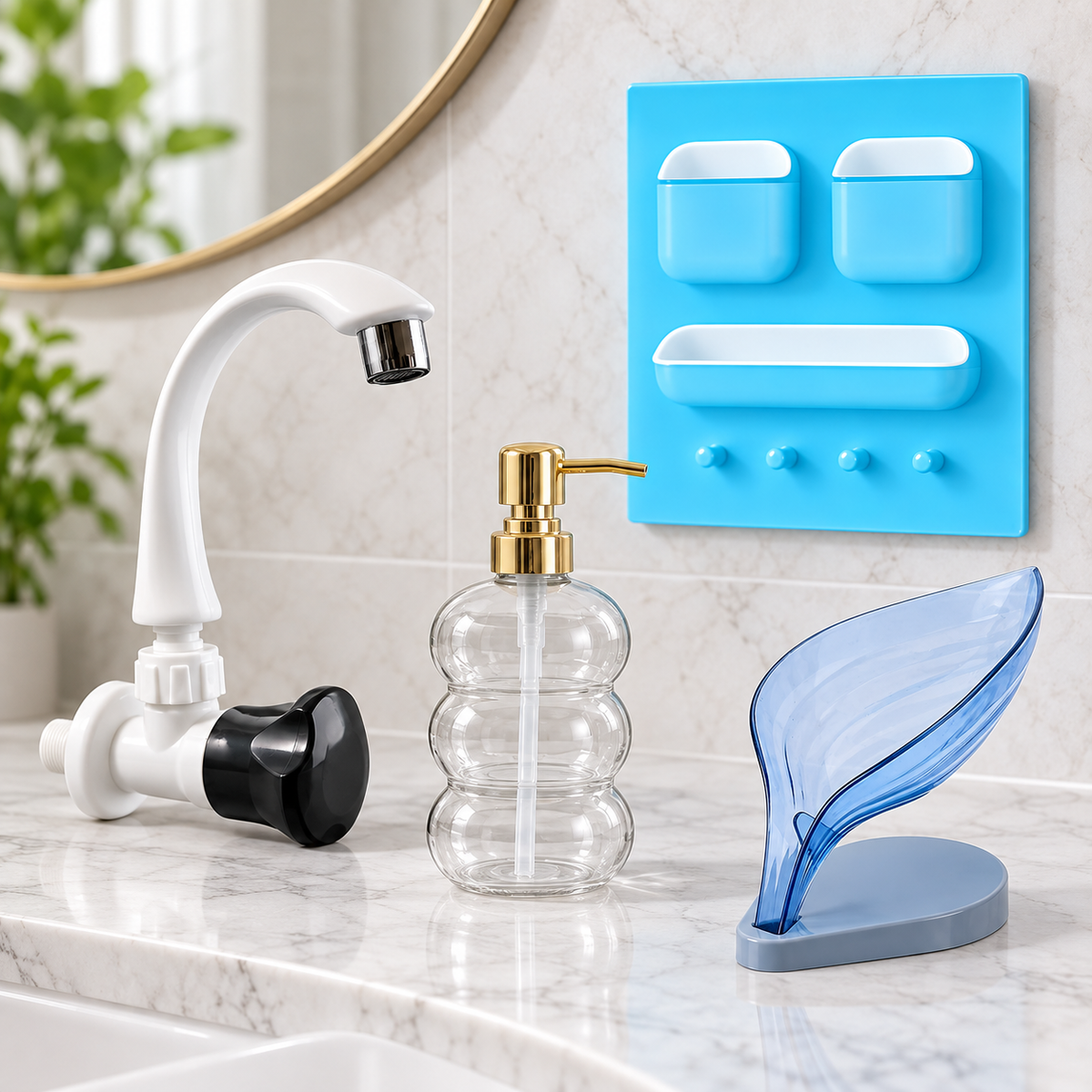 Complete Bathroom Essentials Combo – Flexible Tap, Soap Dispenser & Wall Organiser