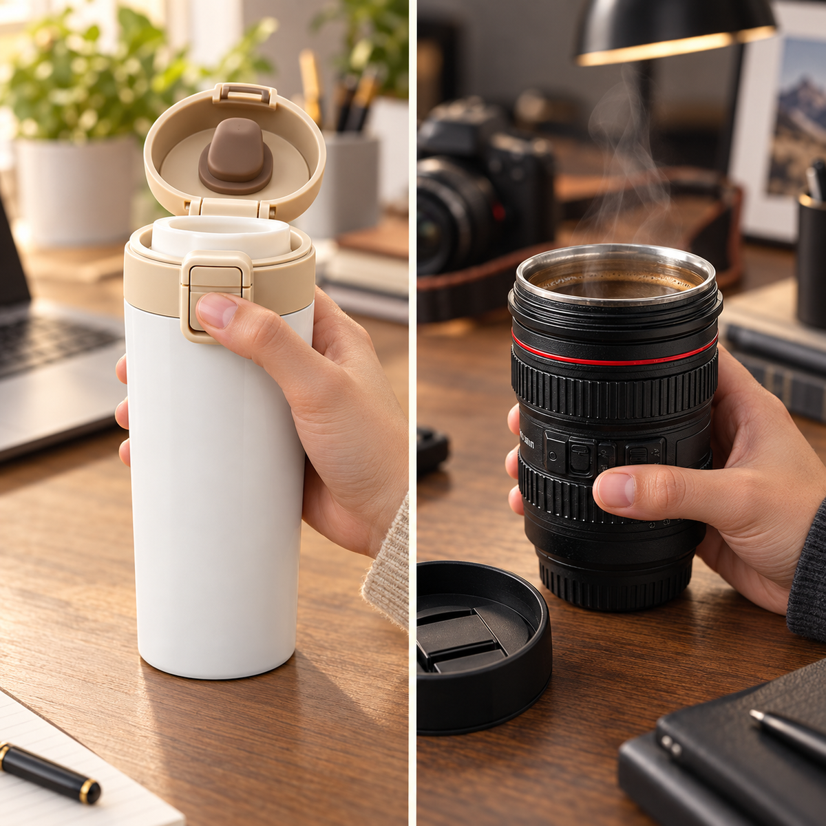 Travel Coffee Mug Combo – Leak-Resistant Coffee Tumbler & Camera Lens Design Mug