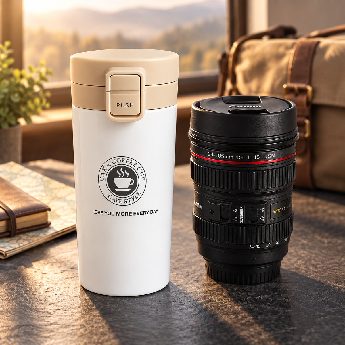 Travel Coffee Mug Combo – Leak-Resistant Coffee Tumbler & Camera Lens Design Mug