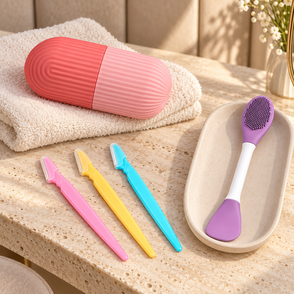 Skincare & Grooming Combo – Ice Roller, Facial Razors & Dual-Sided Silicone Cleansing Brush