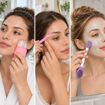 Skincare & Grooming Combo – Ice Roller, Facial Razors & Dual-Sided Silicone Cleansing Brush