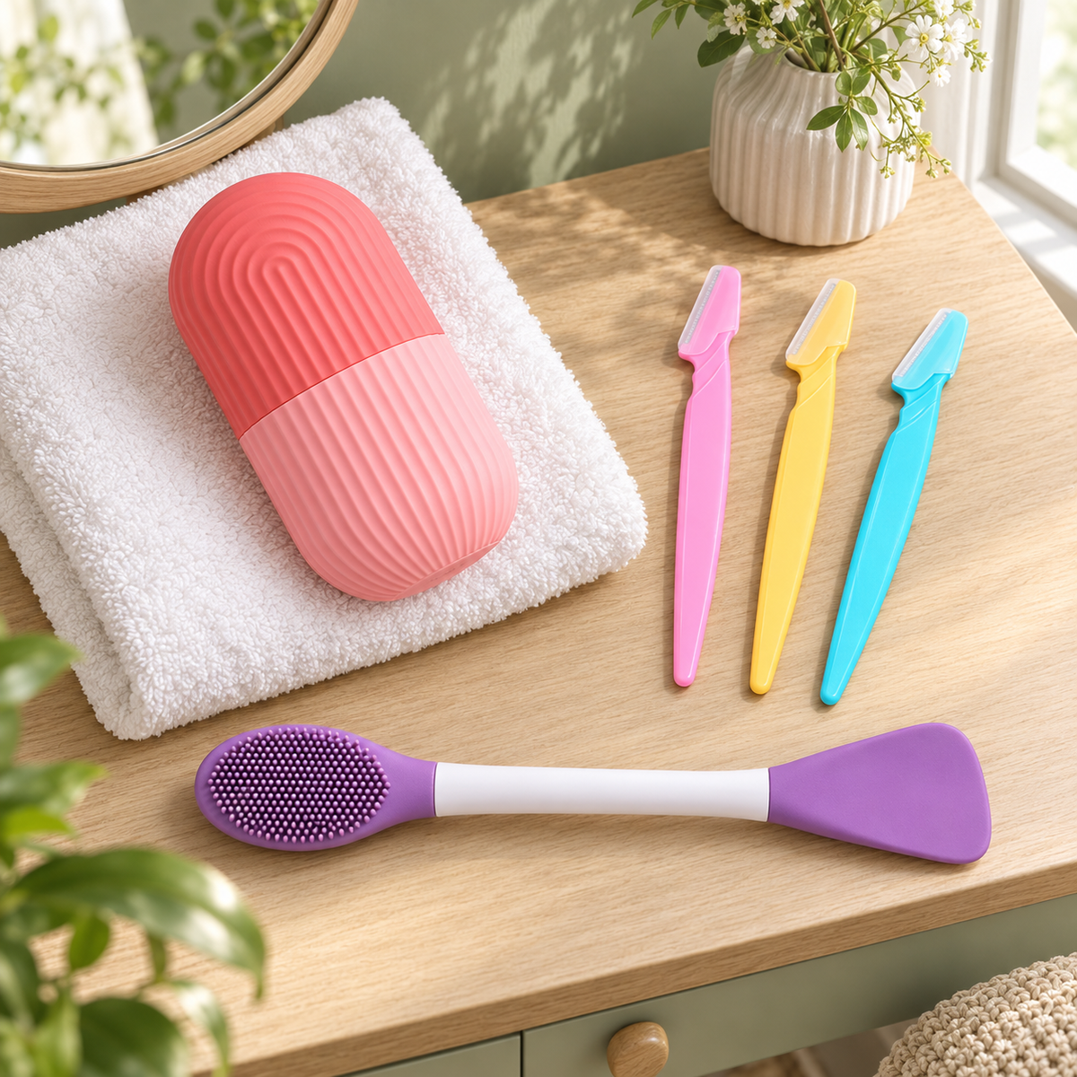 Skincare & Grooming Combo – Ice Roller, Facial Razors & Dual-Sided Silicone Cleansing Brush