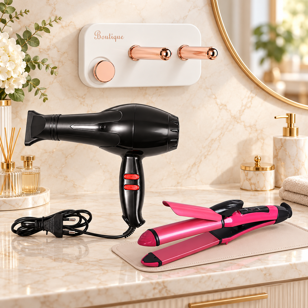 Hair Styling Essentials Combo – Hair Dryer, 2-in-1 Straightener Curler & Wall-Mount Holder