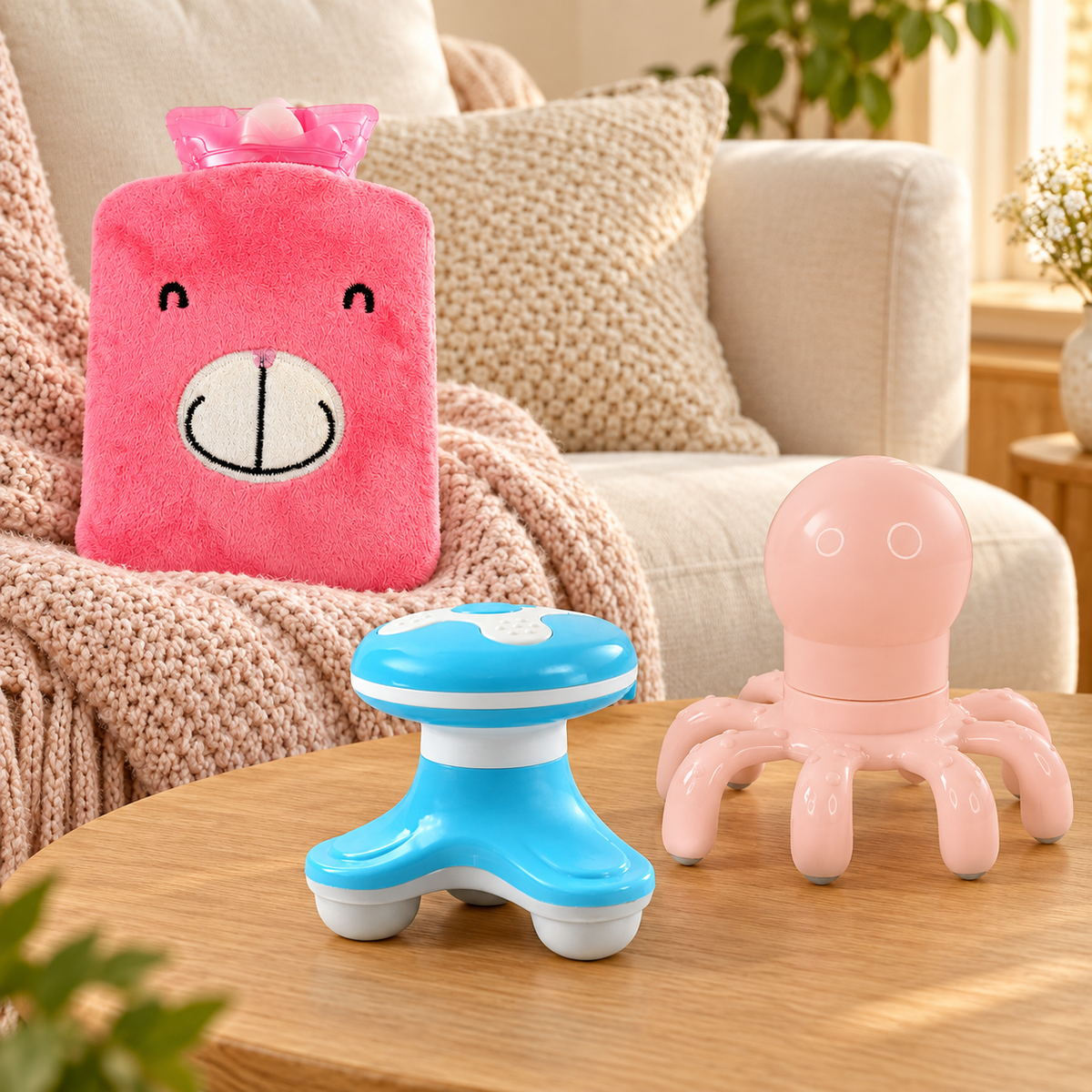 Relaxation & Self-Care Combo – Cute Hot Water Bag, Handheld Body Massager & Octopus Massager
