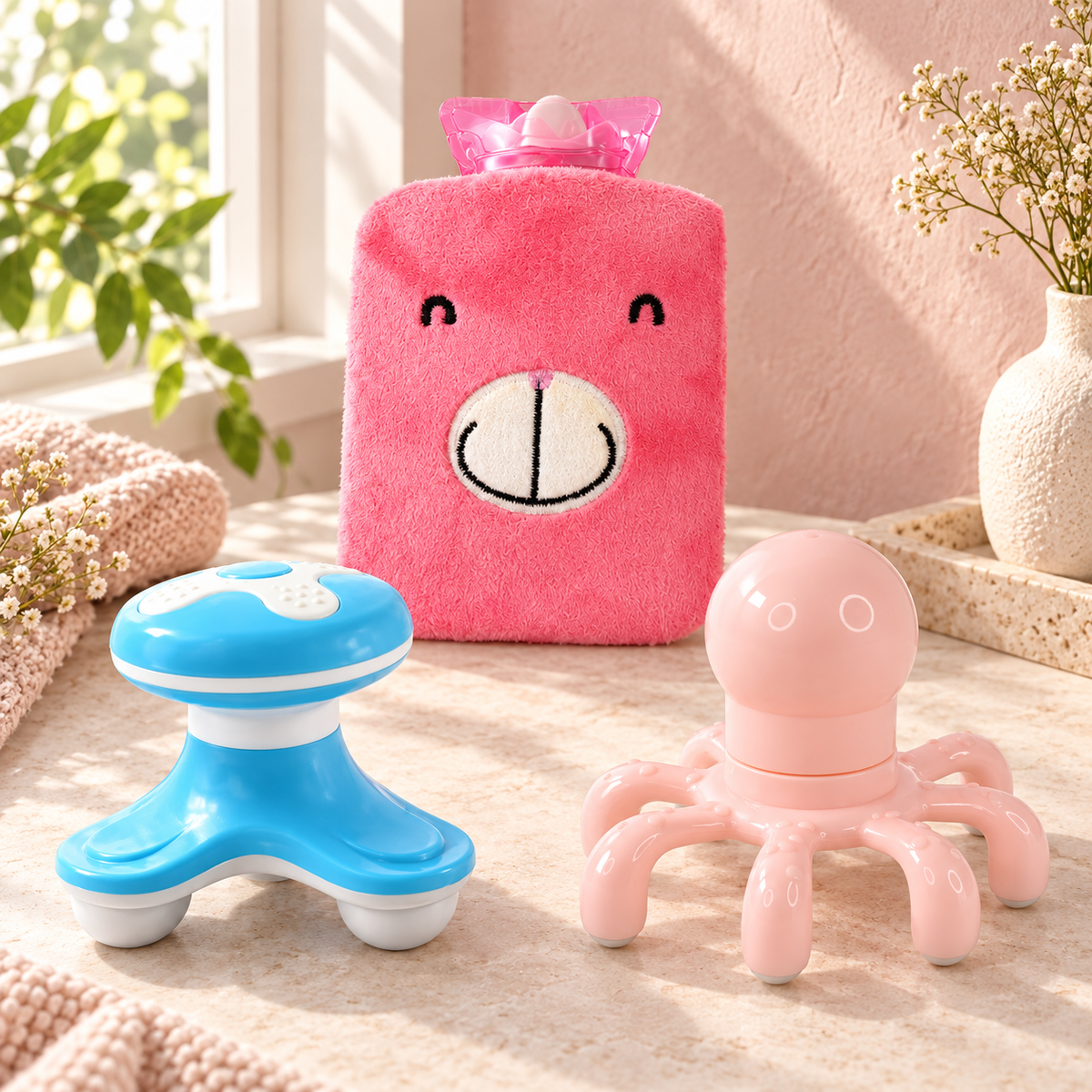 Relaxation & Self-Care Combo – Cute Hot Water Bag, Handheld Body Massager & Octopus Massager
