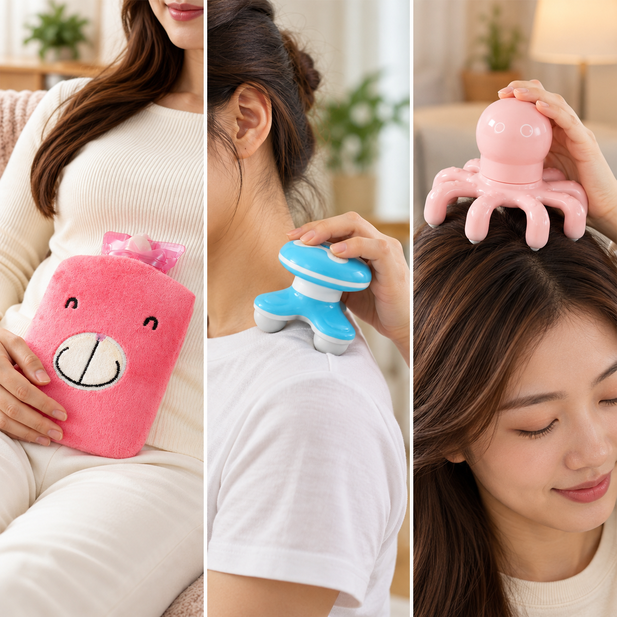 Relaxation & Self-Care Combo – Cute Hot Water Bag, Handheld Body Massager & Octopus Massager