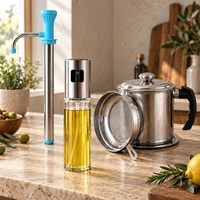 Kitchen Utility Combo – Manual Water Pump, Oil Dispenser Bottle & Stainless Steel Oil Strainer Pot