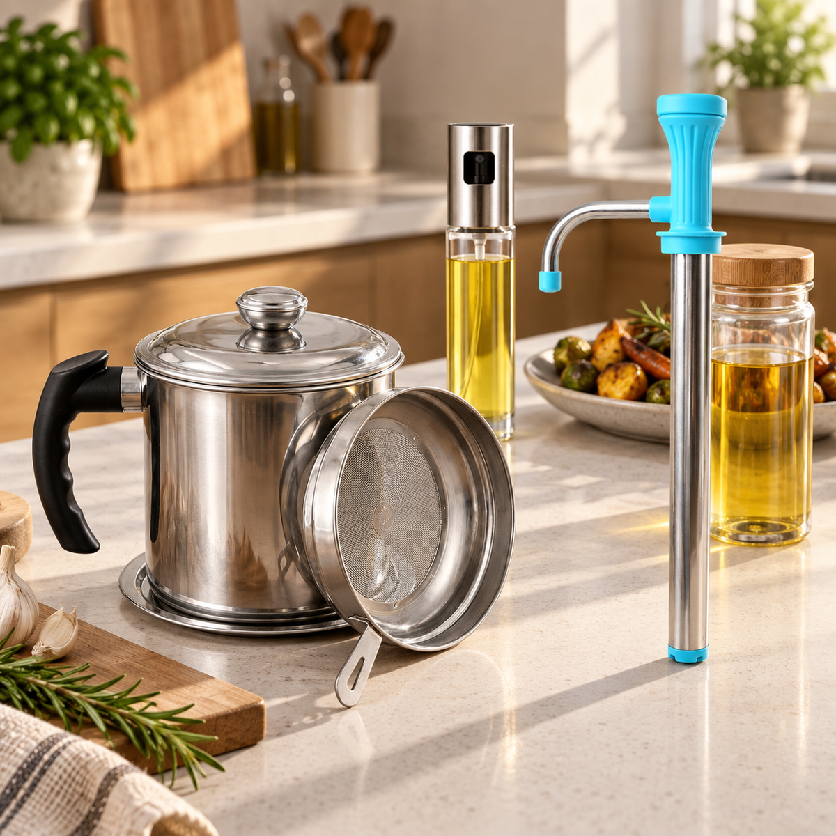 Kitchen Utility Combo – Manual Water Pump, Oil Dispenser Bottle & Stainless Steel Oil Strainer Pot