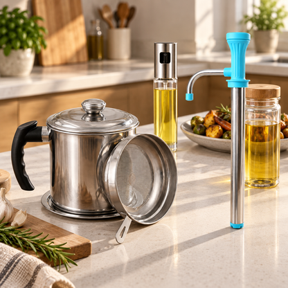 Kitchen Utility Combo – Manual Water Pump, Oil Dispenser Bottle & Stainless Steel Oil Strainer Pot