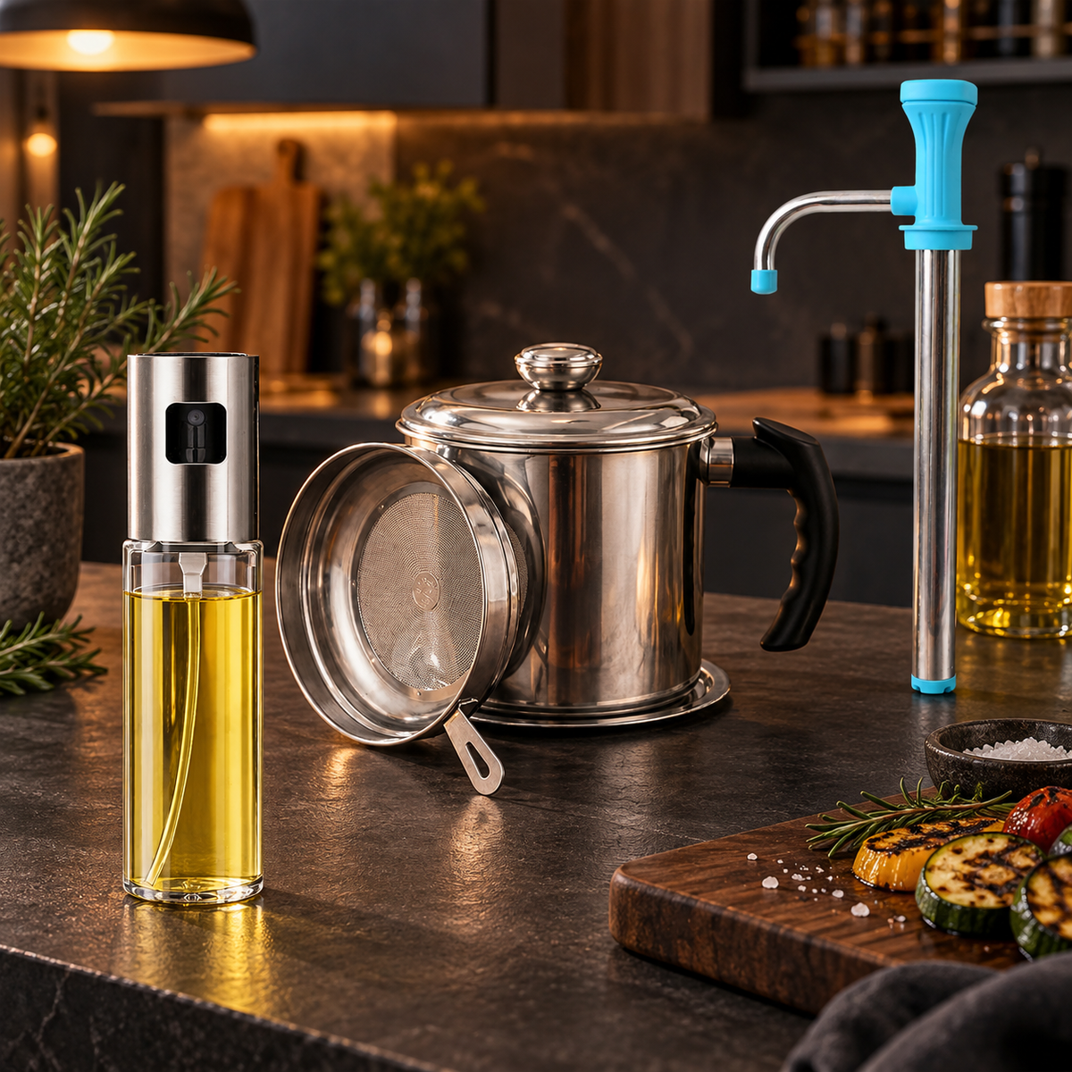 Kitchen Utility Combo – Manual Water Pump, Oil Dispenser Bottle & Stainless Steel Oil Strainer Pot