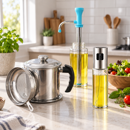 Kitchen Utility Combo – Manual Water Pump, Oil Dispenser Bottle & Stainless Steel Oil Strainer Pot