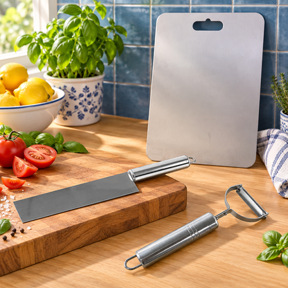 Kitchen Prep Combo – Stainless Steel Chopping Board, Kitchen Knife & Vegetable Peeler