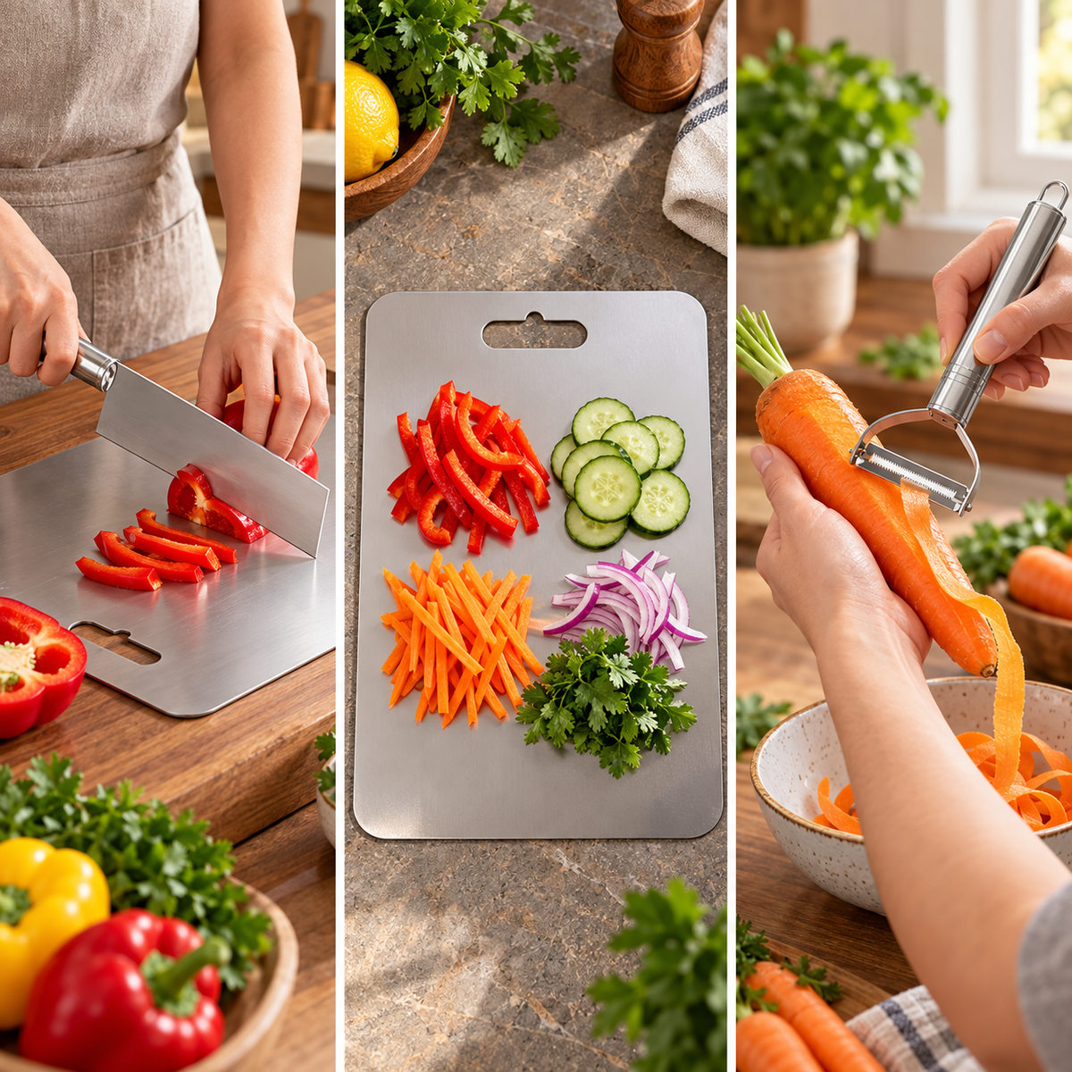 Kitchen Prep Combo – Stainless Steel Chopping Board, Kitchen Knife & Vegetable Peeler