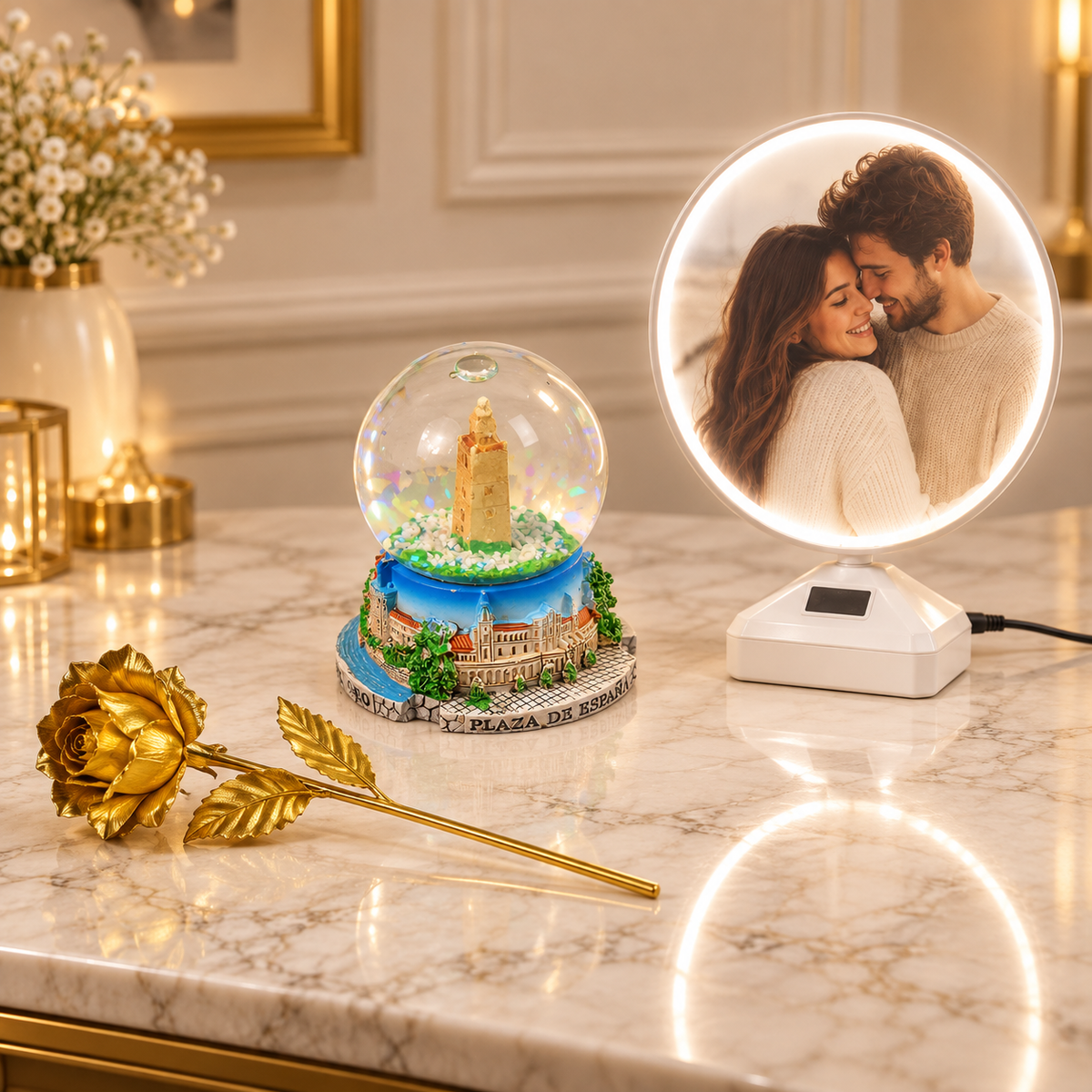 Romantic Gift Combo – LED Photo Frame, Travel Snow Globe & Golden Rose