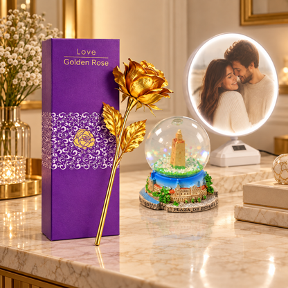 Romantic Gift Combo – LED Photo Frame, Travel Snow Globe & Golden Rose