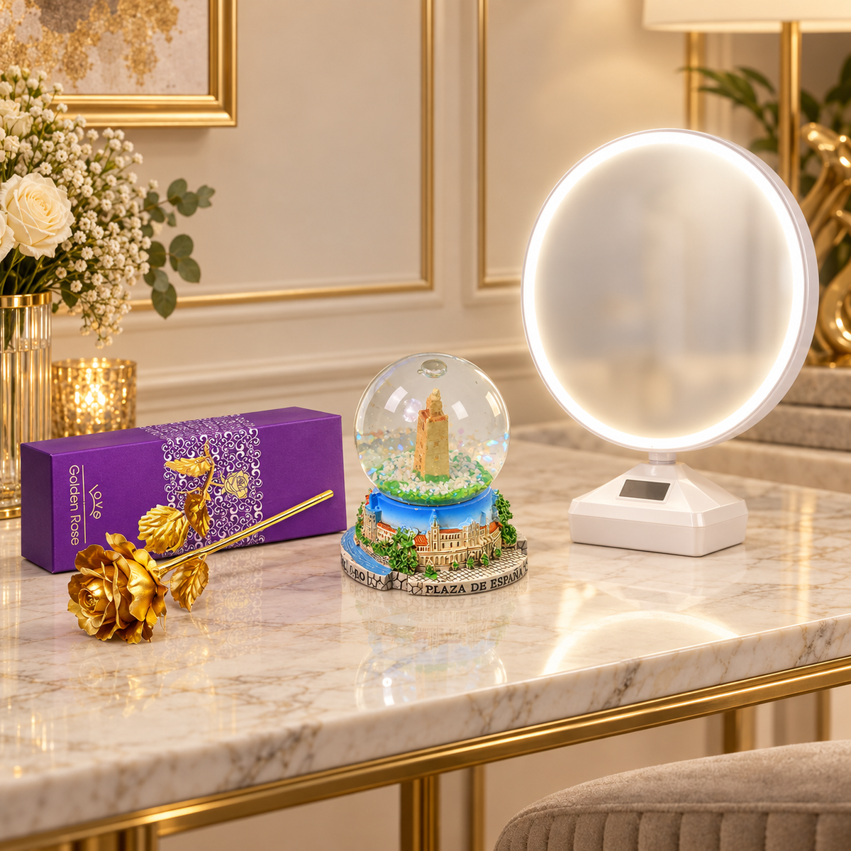 Romantic Gift Combo – LED Photo Frame, Travel Snow Globe & Golden Rose