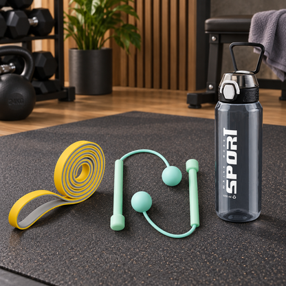 Fitness Essentials Combo – Sports Water Bottle, Resistance Band & Figure-8 Exercise Band