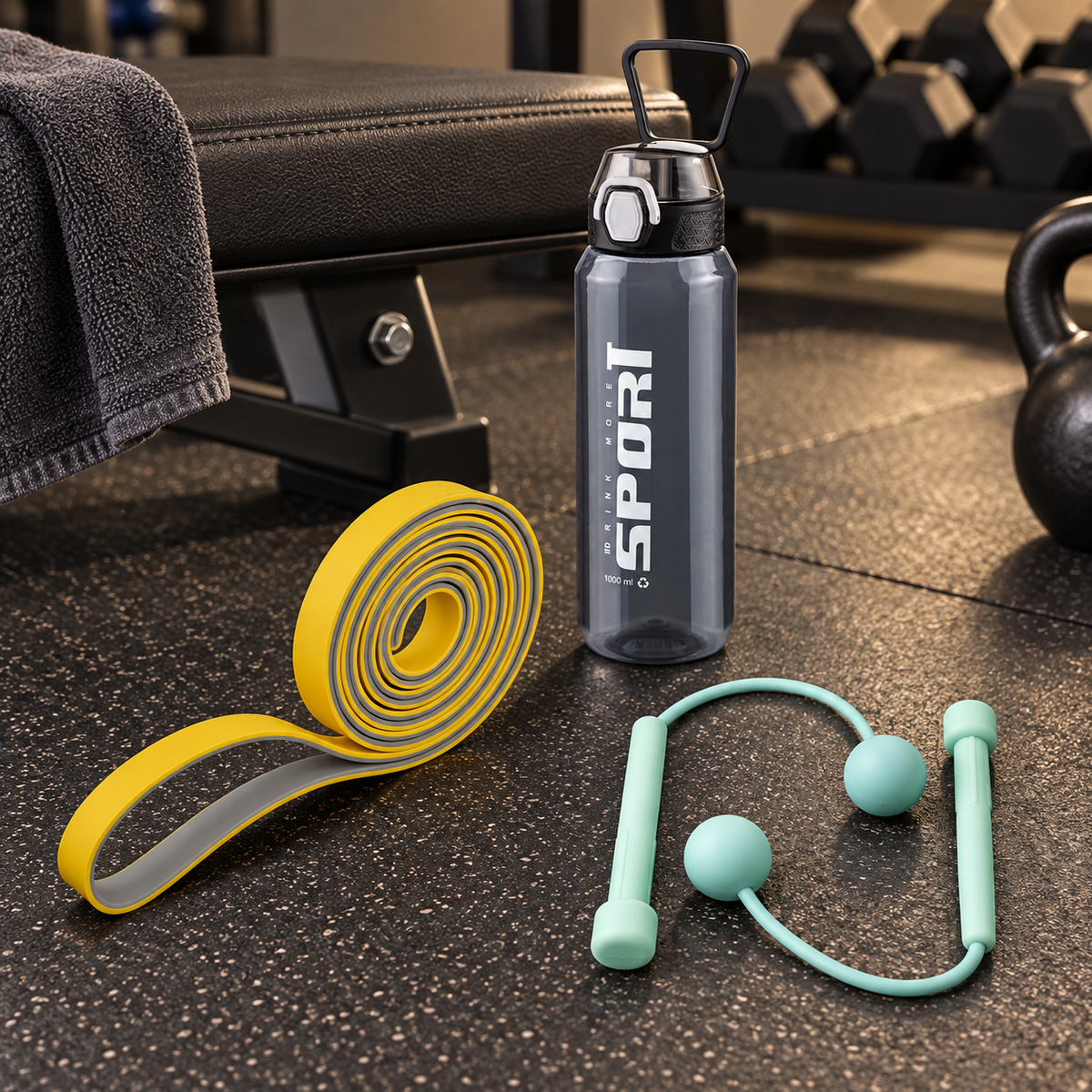 Fitness Essentials Combo – Sports Water Bottle, Resistance Band & Figure-8 Exercise Band