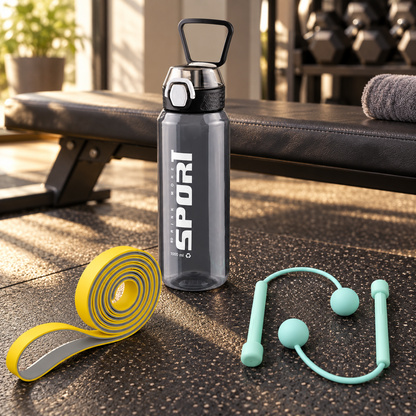 Fitness Essentials Combo – Sports Water Bottle, Resistance Band & Figure-8 Exercise Band