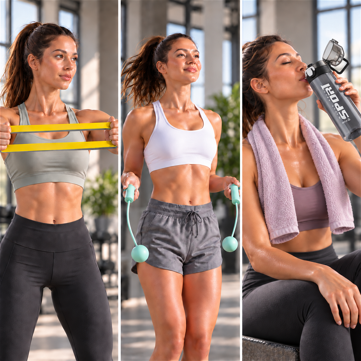 Fitness Essentials Combo – Sports Water Bottle, Resistance Band & Figure-8 Exercise Band