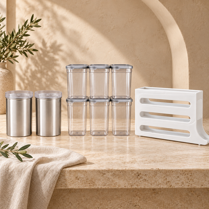 Kitchen Storage Combo – Steel Canisters, Airtight Containers & Egg Storage Rack