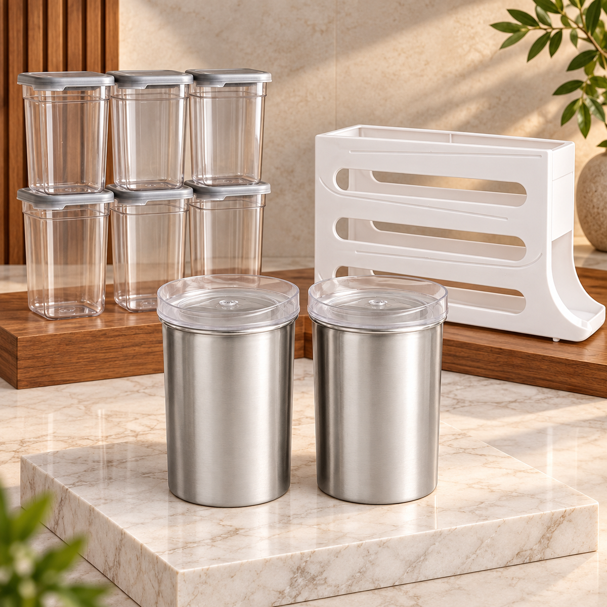 Kitchen Storage Combo – Steel Canisters, Airtight Containers & Egg Storage Rack