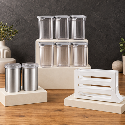 Kitchen Storage Combo – Steel Canisters, Airtight Containers & Egg Storage Rack