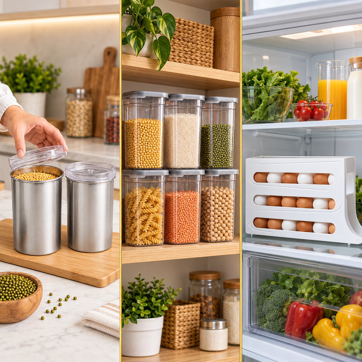 Kitchen Storage Combo – Steel Canisters, Airtight Containers & Egg Storage Rack
