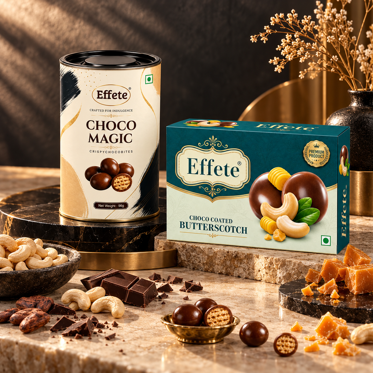 Effete Choco Magic Crispy Bites and Choco Coated Butterscotch Cashew Treats for Premium Snacking