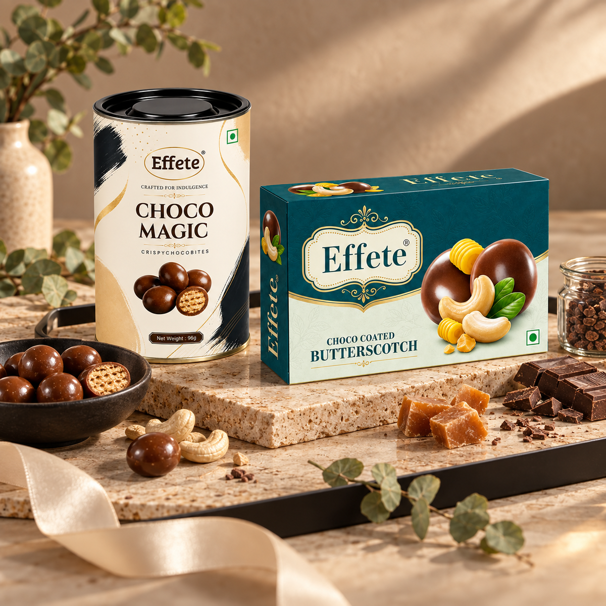 Effete Choco Magic Crispy Bites and Choco Coated Butterscotch Cashew Treats for Premium Snacking