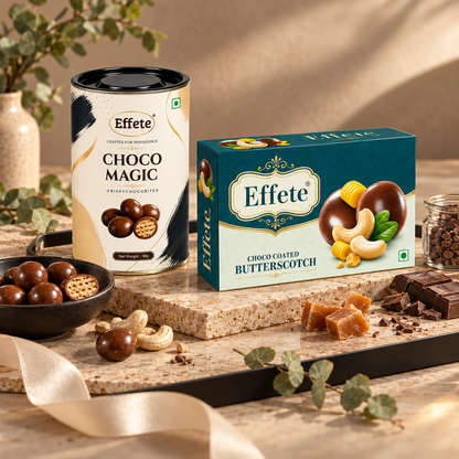 Effete Choco Magic Crispy Bites and Choco Coated Butterscotch Cashew Treats for Premium Snacking