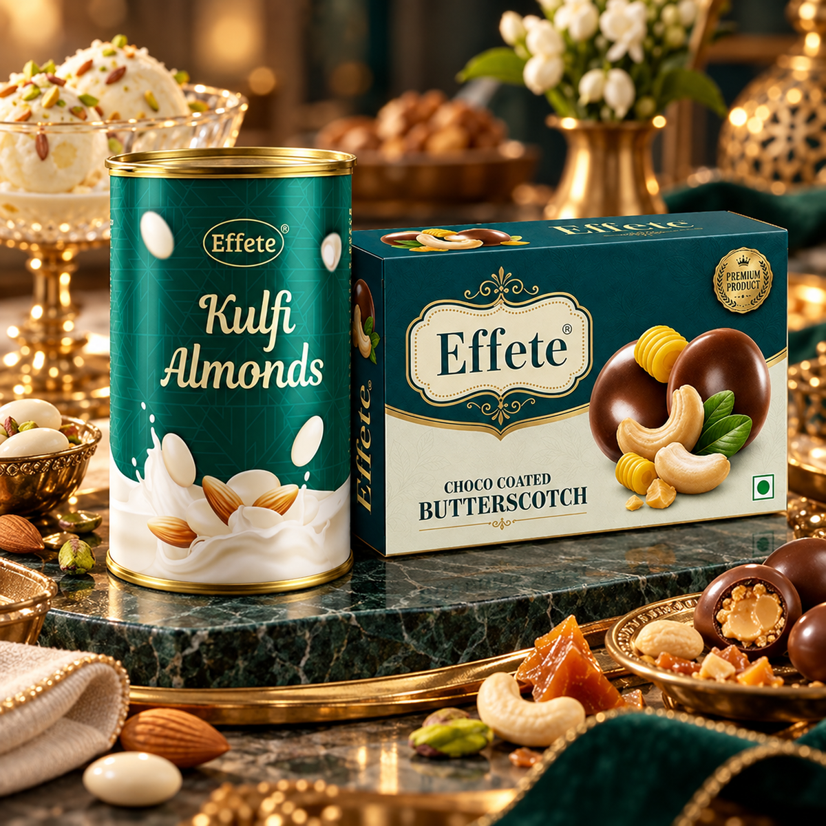 Effete Kulfi Flavoured Almonds with Choco Coated Butterscotch Treats for Festive Snacking