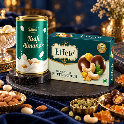 Effete Kulfi Flavoured Almonds with Choco Coated Butterscotch Treats for Festive Snacking
