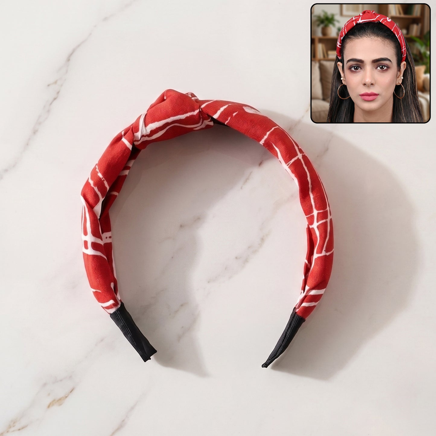 Red and white printed knot design hairband